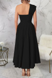 Black Casual Solid Color Slit Oblique Collar Long Dresses