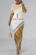 Yellow White Casual Letter Print Stripe Contrast O Neck Printed Dresses