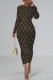Dark Brown Casual Letter Print Stripe Contrast O Neck Printed Dresses