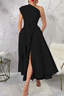 Black Casual Solid Color Slit Oblique Collar Long Dresses