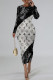 Black White Casual Letter Print Gradient Contrast O Neck Printed Dresses
