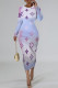 Blue Purple Casual Letter Print Gradient Contrast O Neck Printed Dresses