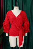 Black Casual Solid Color Patchwork Strap Design V Neck Tops