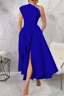 Blue Casual Solid Color Slit Oblique Collar Long Dresses