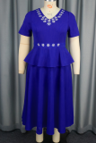 Blue Elegant Zipper Ruffled Trim V Neck Long Plus Size Dresses
