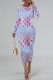 Blue Purple Casual Letter Print Gradient Contrast O Neck Printed Dresses