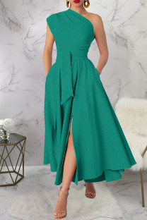 Green Casual Solid Color Slit Oblique Collar Long Dresses