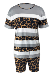Dark Brown Casual Print Patchwork O Neck Short Sleeve Two Pieces