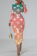 Orange Green Casual Letter Print Gradient Contrast O Neck Printed Dresses