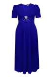 Blue Elegant Solid Color Beading Zipper Pleated V Neck Long Plus Size Dresses