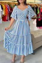 Sky Blue Casual Striped Print Patchwork V Neck Long Dresses