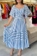 Sky Blue Casual Striped Print Patchwork V Neck Long Dresses