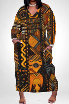 Black Orange Casual Geometric Print Stripe Pocket Contrast V Neck Printed Plus Size Dresses