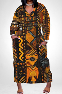 Black Orange Casual Geometric Print Stripe Pocket Contrast V Neck Printed Plus Size Dresses