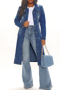 Deep Blue Fashion Casual Solid Patchwork Turndown Collar Long Sleeve Denim Jacket