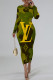 Green Casual Letter Print Gradient Contrast O Neck Printed Dresses