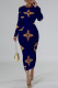 Tibetan Blue Casual Letter Print Gradient Contrast O Neck Printed Dresses