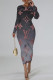 Black Gray Casual Letter Print Gradient Contrast O Neck Printed Dresses