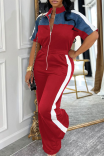 Red Casual Patchwork Zipper Zipper Collar Regular Jumpsuits