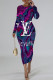 Blue Purple Casual Letter Print Gradient Contrast O Neck Printed Dresses