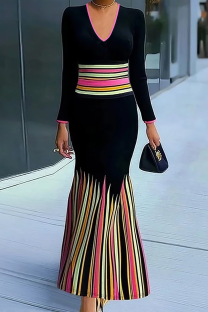 Black Elegant Patchwork V Neck Long Plus Size Dresses
