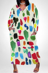 Cream White Casual Colorblock Floral Print Pocket Contrast V Neck Printed Plus Size Dresses
