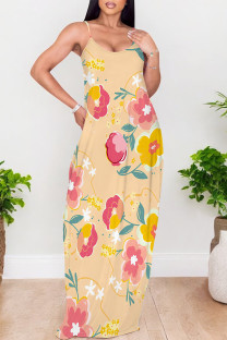 Orange Sexy Floral Print Pocket Contrast V Neck Printed Dresses