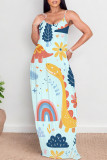 Blue Yellow Sexy Graffiti Print Cartoon Pocket Contrast V Neck Printed Dresses