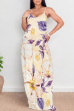 Light Yellow Sexy Floral Print Pocket Contrast V Neck Printed Dresses