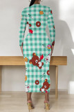 Purple Casual Plaid Cartoon Print Flowers Contrast O Neck Printed Dresses