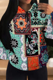 Blue Casual Geometric Print Flowers Heart Shaped Draw String Pocket Hooded Tops
