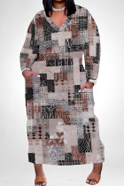 Lady Grey Casual Colorblock Floral Print Pocket Contrast V Neck Printed Plus Size Dresses