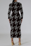 Black Elegant Geometric Print Contrast O Neck Printed Dresses