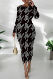 Black Elegant Geometric Print Contrast O Neck Printed Dresses