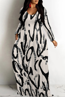 Light Pink Casual Geometric Print Pocket Contrast V Neck Printed Dresses