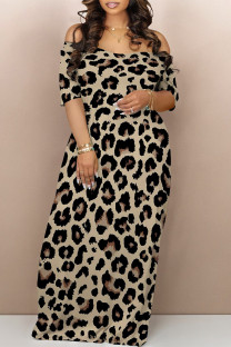 Coffee Sexy Leopard Contrast V Neck Printed Dresses