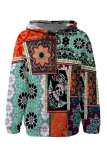Blue Casual Geometric Print Flowers Heart Shaped Draw String Pocket Hooded Tops