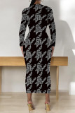 Black Elegant Geometric Print Contrast O Neck Printed Dresses
