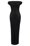 Black Sexy Elegant Solid Color Backless Off Shoulder Long Dresses