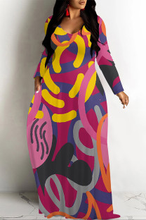 Rose Red Casual Geometric Print Pocket Contrast V Neck Printed Dresses
