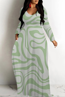 Gray Green Casual Geometric Print Pocket Contrast V Neck Printed Dresses