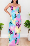 Blue Yellow Sexy Graffiti Print Cartoon Pocket Contrast V Neck Printed Dresses