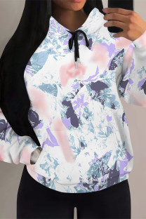 White Blue Casual Colorblock Camouflage Print Draw String Pocket Hooded Tops