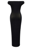 Black Sexy Elegant Solid Color Backless Off Shoulder Long Dresses