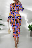Black Elegant Geometric Print Contrast O Neck Printed Dresses