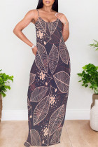 Fuchsia Sexy Floral Print Pocket Contrast V Neck Printed Dresses