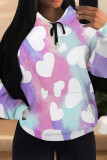 Blue Casual Geometric Print Flowers Heart Shaped Draw String Pocket Hooded Tops