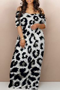 White Grey Sexy Leopard Contrast V Neck Printed Dresses