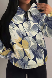 Blue Apricot Casual Geometric Print Flowers Heart Shaped Draw String Pocket Hooded Tops