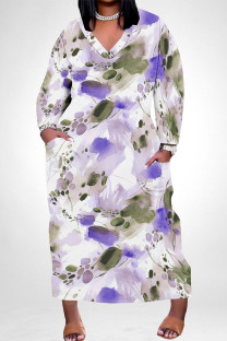 White Purple Elegant Floral Print Pocket Contrast V Neck Printed Plus Size Dresses